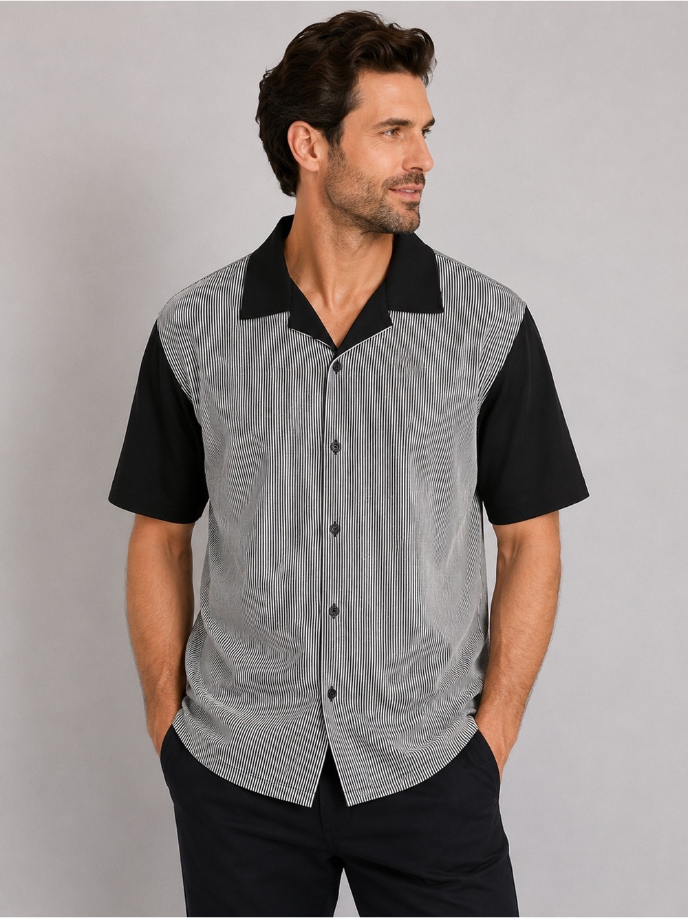 BC Clothing Enduro Men’s Black & White Striped Retro Bowling Shirt